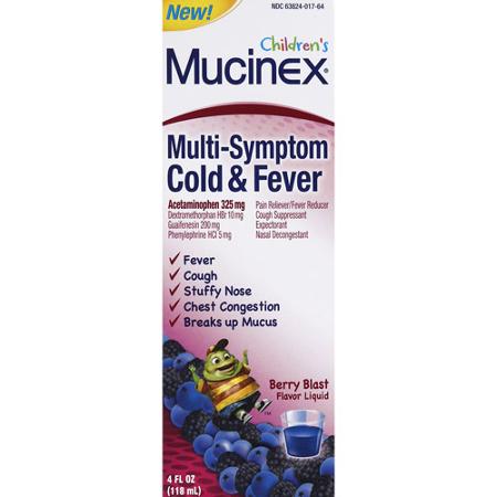 (English) Mucinex Children’s Multi-Symptom Cold & Fever, Berry Blast Flavor Liquid 4 Fl Oz